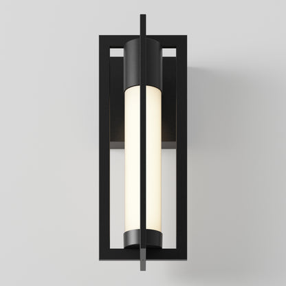 The Walt indoor-outdoor LED wall light by Artika features a cylindrical frosted glass shade framed in a sleek, rectangular black metal design, shown from the front against a plain light gray background.