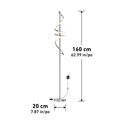 The Artika Coda modern LED floor lamp 5CCT features a spiral design, stands 160 cm (62.99 in) tall with a 20 cm (7.87 in) round base, is dimmable, plugs into a wall outlet, and is ideal for contemporary spaces.