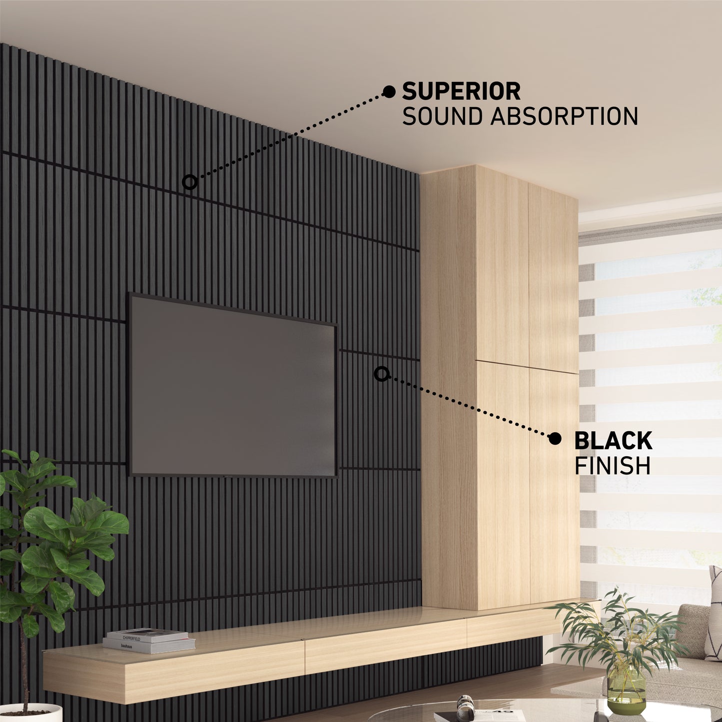 Modern living room featuring a Sonolok 15.5 ft sound-absorbing wall panel kit by Artika in black behind the TV for superior sound absorption, complemented by a light wood cabinet. A plant and window with blinds are also present.