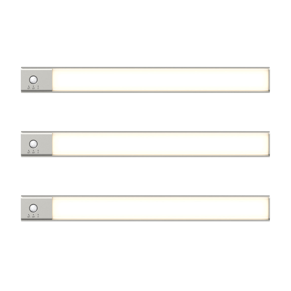 Three slim, rectangular LED light bars with silver ends and control buttons, evenly spaced in a vertical arrangement on a white background.