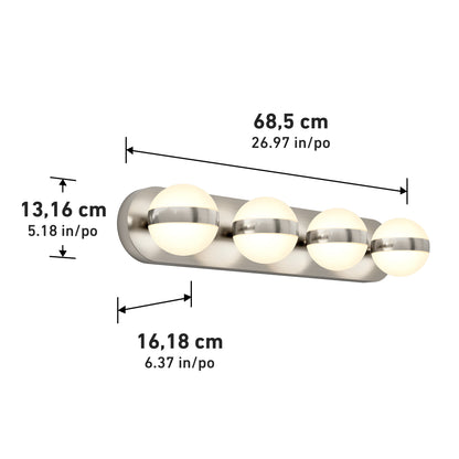 The Artika Baldric LED modern bathroom vanity light 3 CCT is a wall-mounted fixture with four spherical bulbs on a metallic base, measuring 68.5 cm wide, 13.16 cm tall, and 16.18 cm deep.