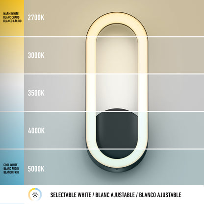 The Artika Aiden modern LED indoor-outdoor wall light offers 5 selectable color temperatures from warm 2700K to cool 5000K, with labeled options in English, French, and Spanish to display varying white lighting options.