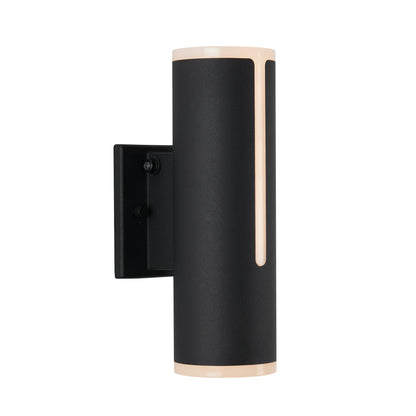 The Artika Linea modern indoor-outdoor LED wall light features a sleek black cylindrical design with narrow vertical cutouts and beige accents on the top and bottom edges.