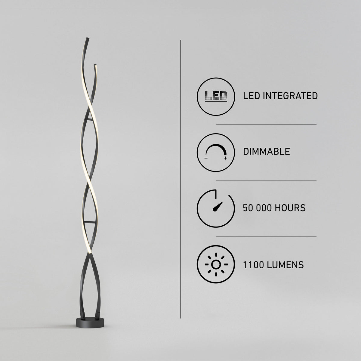 The Artika Swirl modern LED floor lamp offers 1100 lumens, dimmable light, 50,000-hour life, and a chic light gray finish.