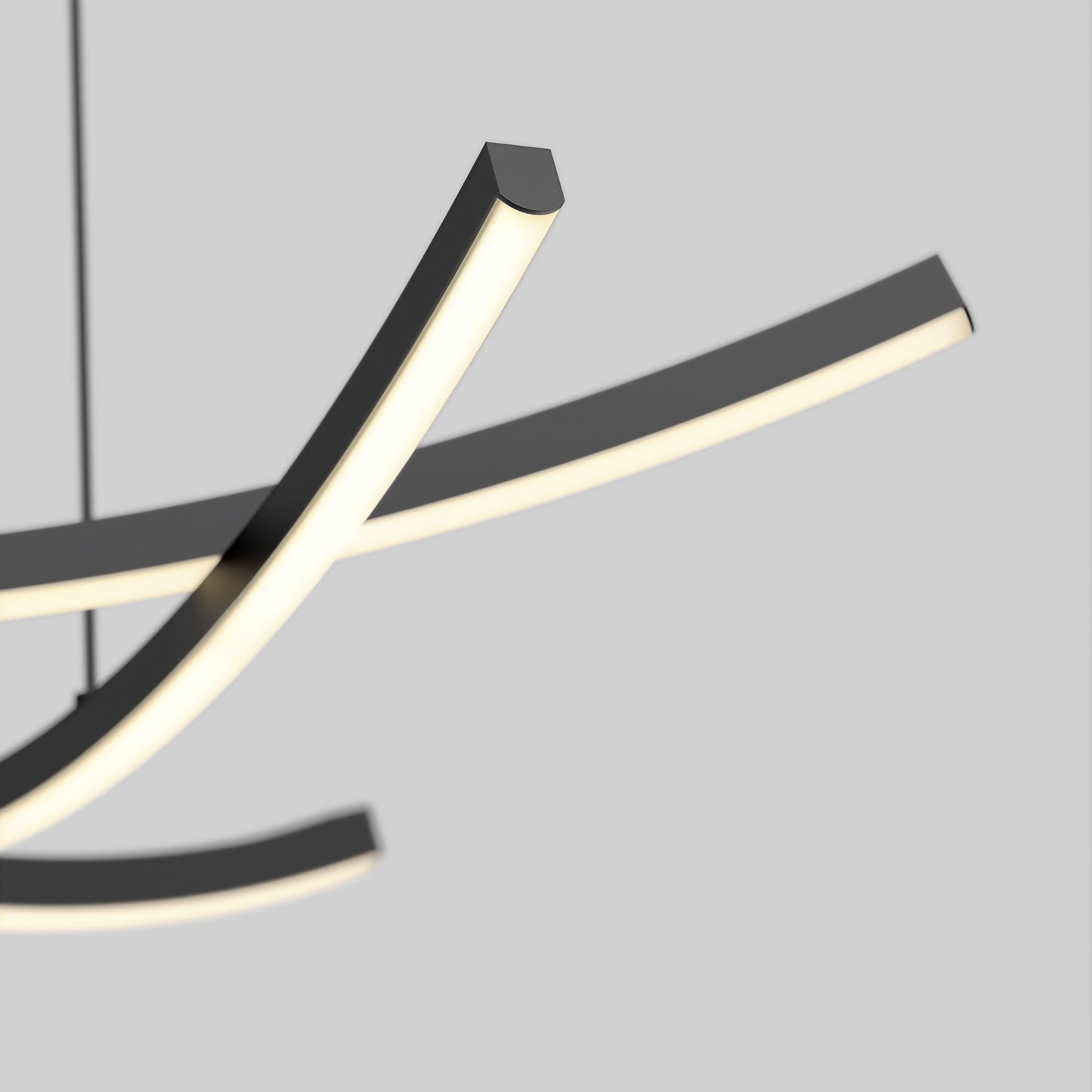 A close-up of the Orly modern LED pendant light 5 CCT by Artika-CAN-dev, featuring two curved black and white LED bars suspended against a plain gray background.