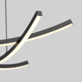 Close-up of a modern, minimalist LED pendant light fixture with curved, intersecting black and white bars against a plain light gray background.