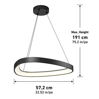 The Artika Bjorn modern LED pendant light 5 CCT features a black asymmetrical oval ring, suspended by three cables, with a max height of 191 cm (75.2 in) and a width of 57.2 cm (22.52 in).