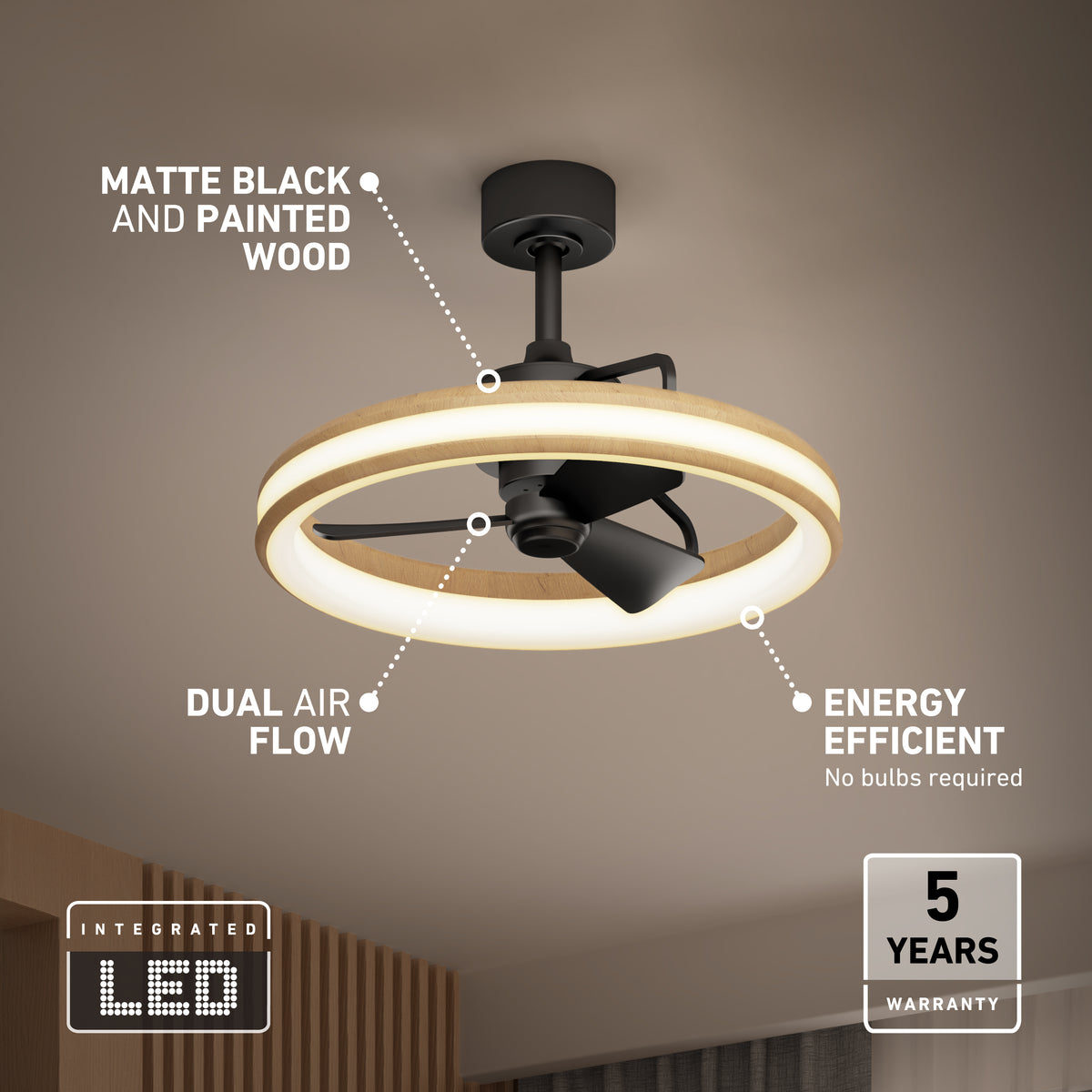 Modern ceiling fan with a circular LED light, matte black and painted wood finish, featuring dual air flow blades. Text highlights integrated LED, energy efficiency, and a 5-year warranty.