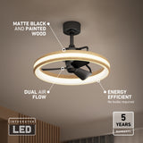 Modern ceiling fan with a circular LED light, matte black and painted wood finish, featuring dual air flow blades. Text highlights integrated LED, energy efficiency, and a 5-year warranty.