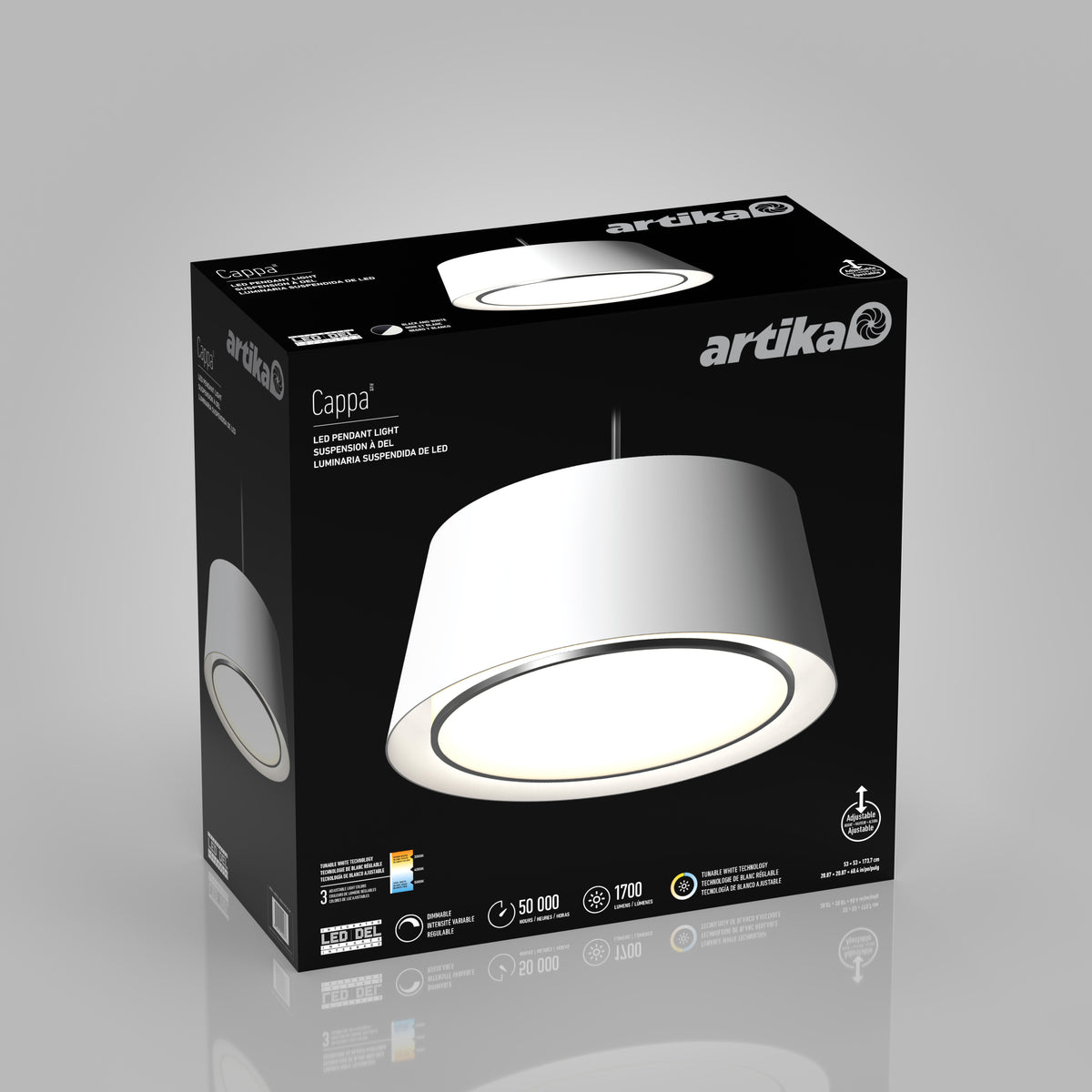 A black Artika box showcases the Cappa LED pendant light 3 CCT, featuring a modern circular design in white and silver with soft illumination. Product features and details are printed on the packaging.