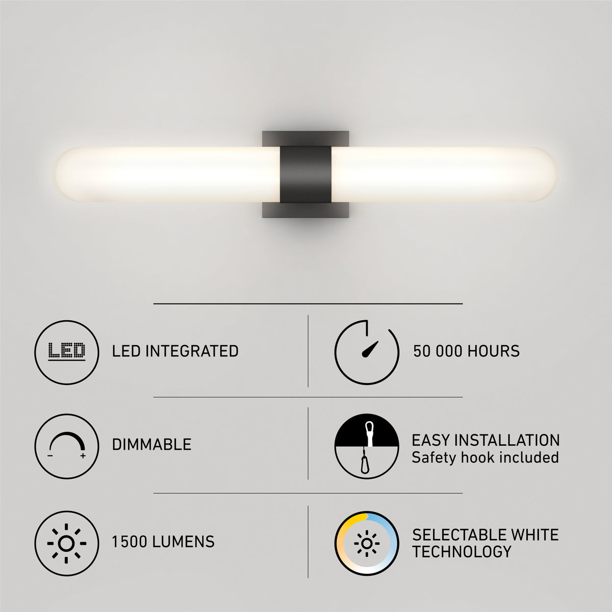 A modern wall-mounted LED light fixture is shown above icons and text highlighting features: LED integrated, 50,000 hours, dimmable, easy installation, 1,500 lumens, and selectable white technology.
