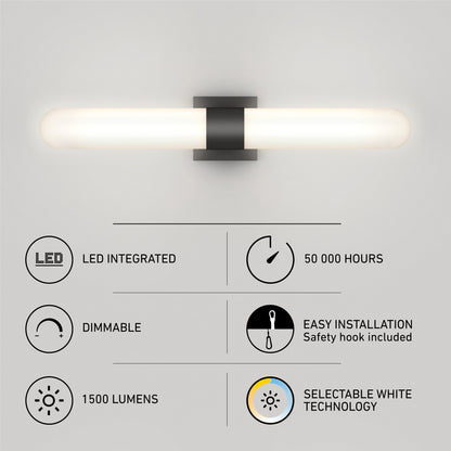 The Artika Wilton LED modern bathroom vanity light 5 CCT is a wall-mounted fixture with integrated LED, 50,000-hour lifespan, dimmable feature, easy installation, 1,500 lumens brightness, and selectable white color temperature.