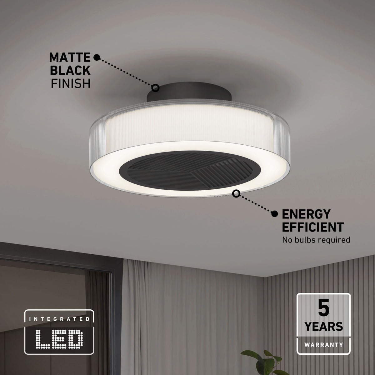 Artika Groove 20″ LED fandelier ceiling fan, matte black, remote included, energy efficient, 5-year warranty—mounted on white ceiling.