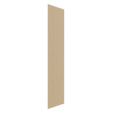 A vertical wood slat panel viewed from an angle, showing evenly spaced light-brown wooden slats with shadowed spaces between them, isolated on a white background.