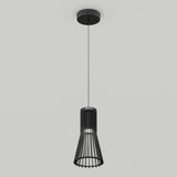 A modern black pendant light fixture with a cylindrical, slatted metal shade hangs from a black cord attached to a round ceiling mount against a plain white background.