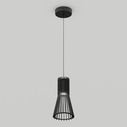 The Artika Kiyo modern LED pendant 3 CCT features a sleek black cylindrical slatted shade, suspended by a thin cord and set against a plain white background.