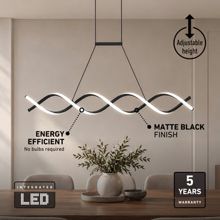 An Artika DNA Linear LED modern pendant light with a twisted shape hangs over a dining table, displaying its height, energy, and warranty details.
