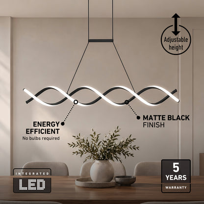 An Artika DNA Linear LED modern pendant light with a twisted shape hangs over a dining table, displaying its height, energy, and warranty details.