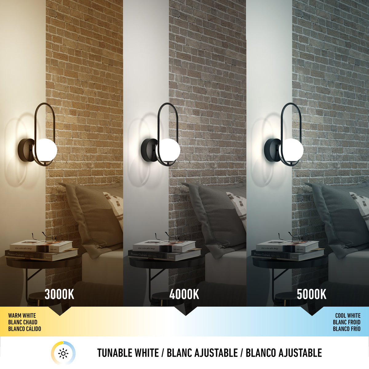 A wall-mounted lamp above a small table is shown with three different light settings: warm white (3000K), neutral white (4000K), and cool white (5000K), demonstrating adjustable white light temperature.