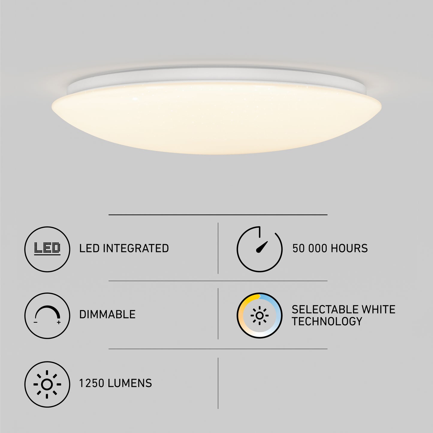 The Artika Empress 13 in. LED modern flush mount light is shown above icons for integrated LED, selectable white (3 CCT), dimmable function, 50,000-hour lifespan, and 1250 lumens brightness.