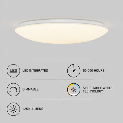 The Artika Empress 13 in. LED modern flush mount light is shown above icons for integrated LED, selectable white (3 CCT), dimmable function, 50,000-hour lifespan, and 1250 lumens brightness.