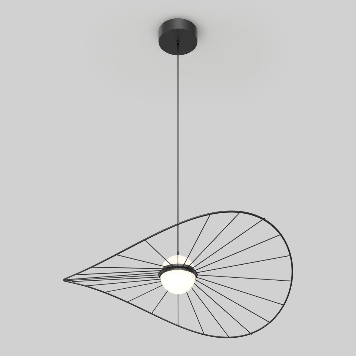 A modern ceiling pendant light with a black wire frame forming an abstract, asymmetrical teardrop shape around a central round bulb, suspended by a thin black cord from a circular ceiling mount.