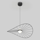 A modern ceiling pendant light with a black wire frame forming an abstract, asymmetrical teardrop shape around a central round bulb, suspended by a thin black cord from a circular ceiling mount.