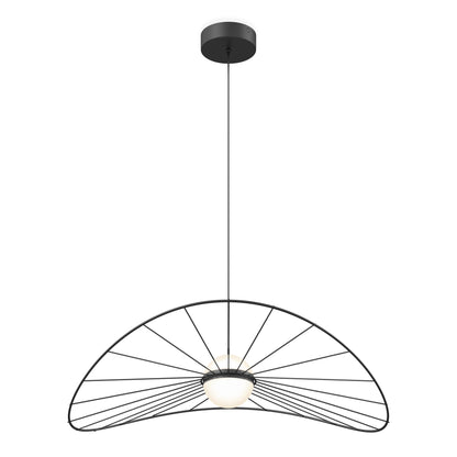 The Tolena LED pendant light 3 CCT by Artika features a half-circle, fan-like black metal frame with radiating spokes and a central round white bulb, all suspended from the ceiling by a thin cord.