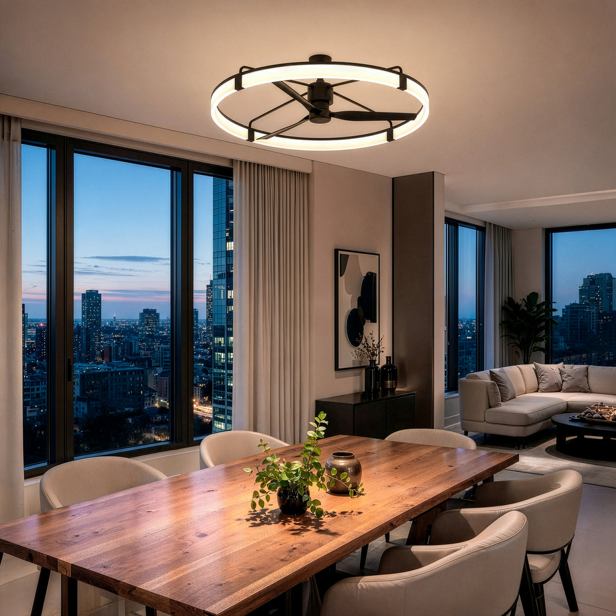 Modern dining room with Sunnyvale 52 in. LED Ceiling Fan by Artika and city view through large windows at dusk.