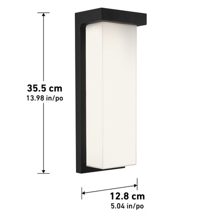 The Artika Skeet LED indoor-outdoor light features a black frame and white panel, measuring 35.5 cm (13.98 in) tall by 12.8 cm (5.04 in) wide.