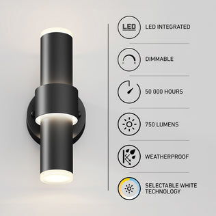 The Artika Dani modern LED indoor-outdoor wall light 5 CCT is a black, cylindrical, wall-mounted fixture with glowing ends, featuring dimmable lighting, 50,000-hour lifespan, 750 lumens output, weatherproof build, and selectable white technology.