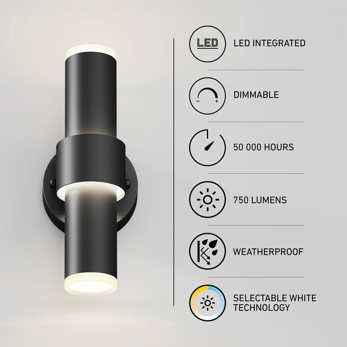 Black cylindrical wall light fixture with illuminated ends and icons highlighting features: LED integrated, dimmable, 50,000 hours lifespan, 750 lumens, weatherproof, and selectable white technology.