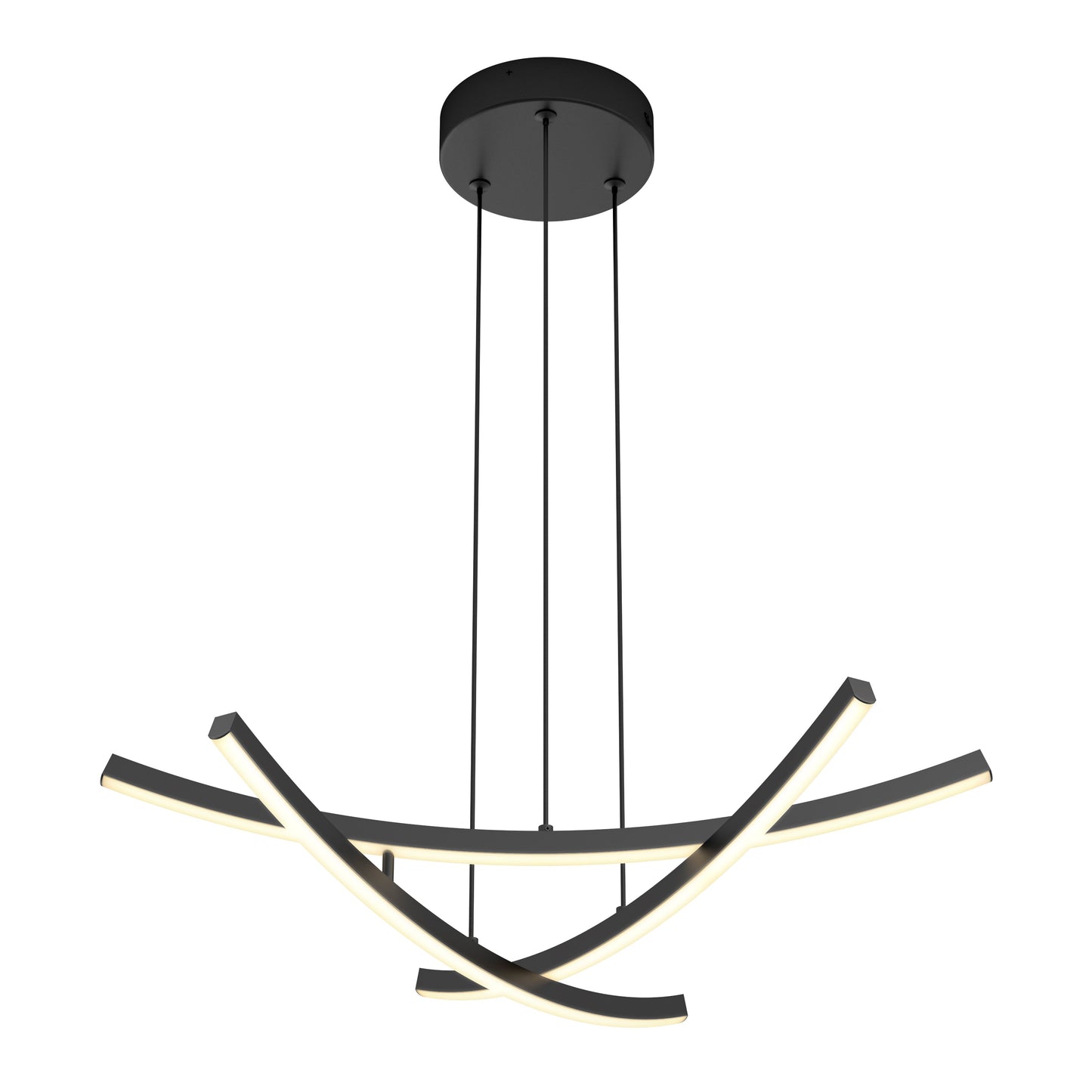 The Orly modern LED pendant light 5 CCT by Artika-CAN-dev features three curved, intersecting LED bars suspended by wires from a round ceiling mount for a sleek, contemporary look.