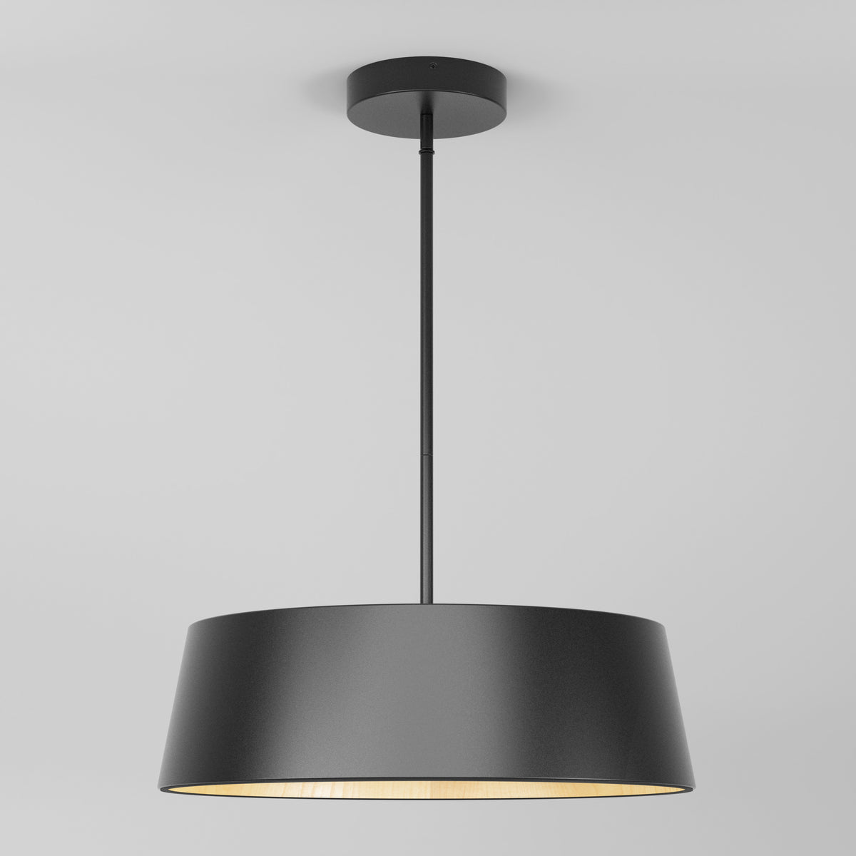 The Artika Alton modern LED pendant light 5 CCT features a sleek black cylindrical shade suspended from a matching rod, perfect for contemporary spaces.
