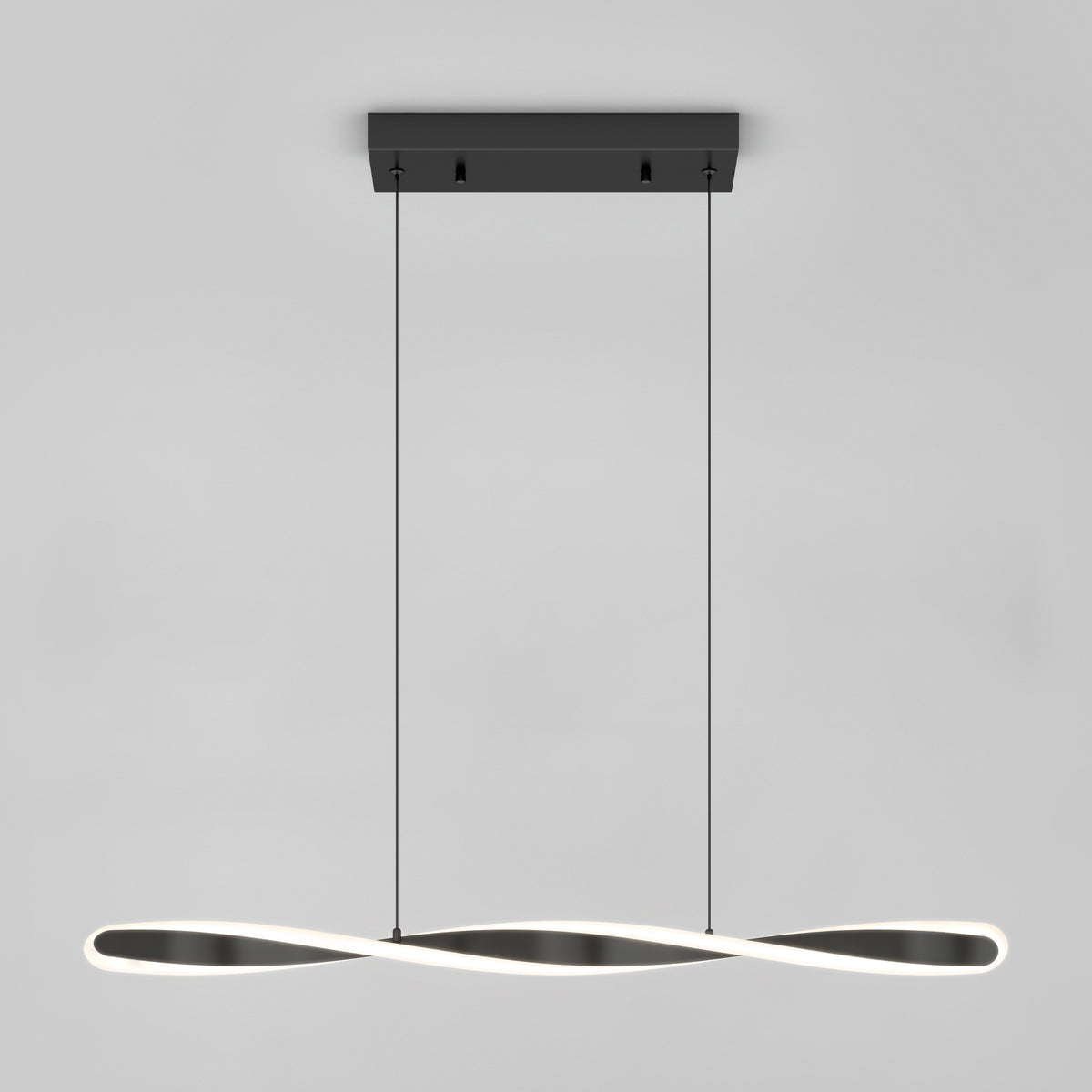 Modern pendant light with a twisted, infinity-shaped LED design, suspended by two thin black cords from a rectangular black ceiling mount against a plain light gray background.