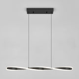 Modern pendant light with a twisted, infinity-shaped LED design, suspended by two thin black cords from a rectangular black ceiling mount against a plain light gray background.
