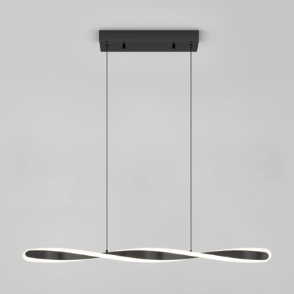 The Artika Finley Linear LED pendant light 3 CCT features a black rectangular ceiling mount with two slim cables holding a sleek, horizontally twisted LED bar, creating a smooth wave design against a plain gray background.