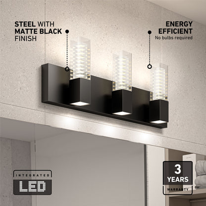 The Artika Hologram LED modern bathroom vanity light 5 CCT features three rectangular LEDs, a matte black steel finish, energy efficiency, no bulbs required, and a 3-year warranty—perfect for mounting above your mirror.