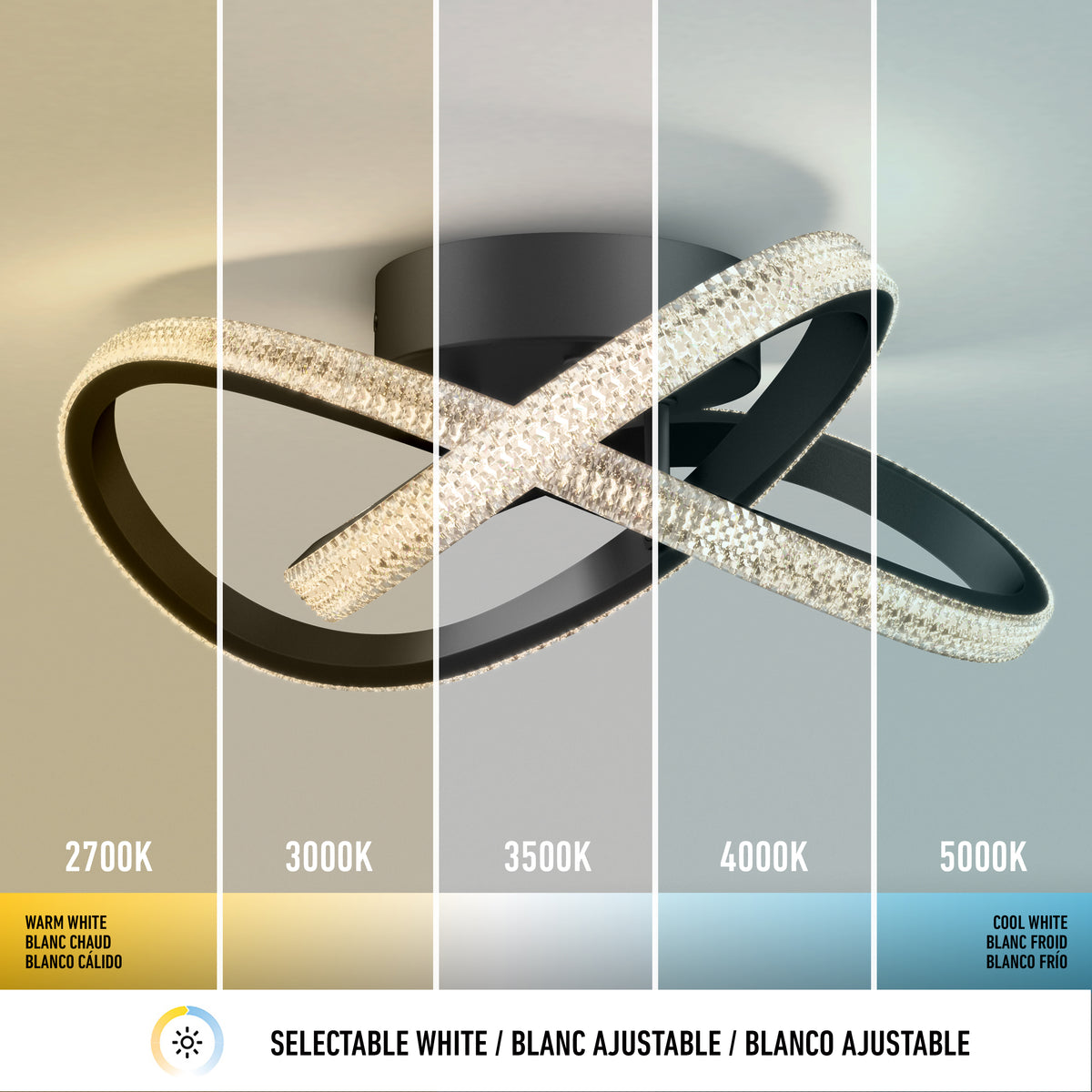 A modern ceiling light fixture is shown under five different color temperatures: 2700K (warm white), 3000K, 3500K, 4000K, and 5000K (cool white), demonstrating selectable white lighting options.