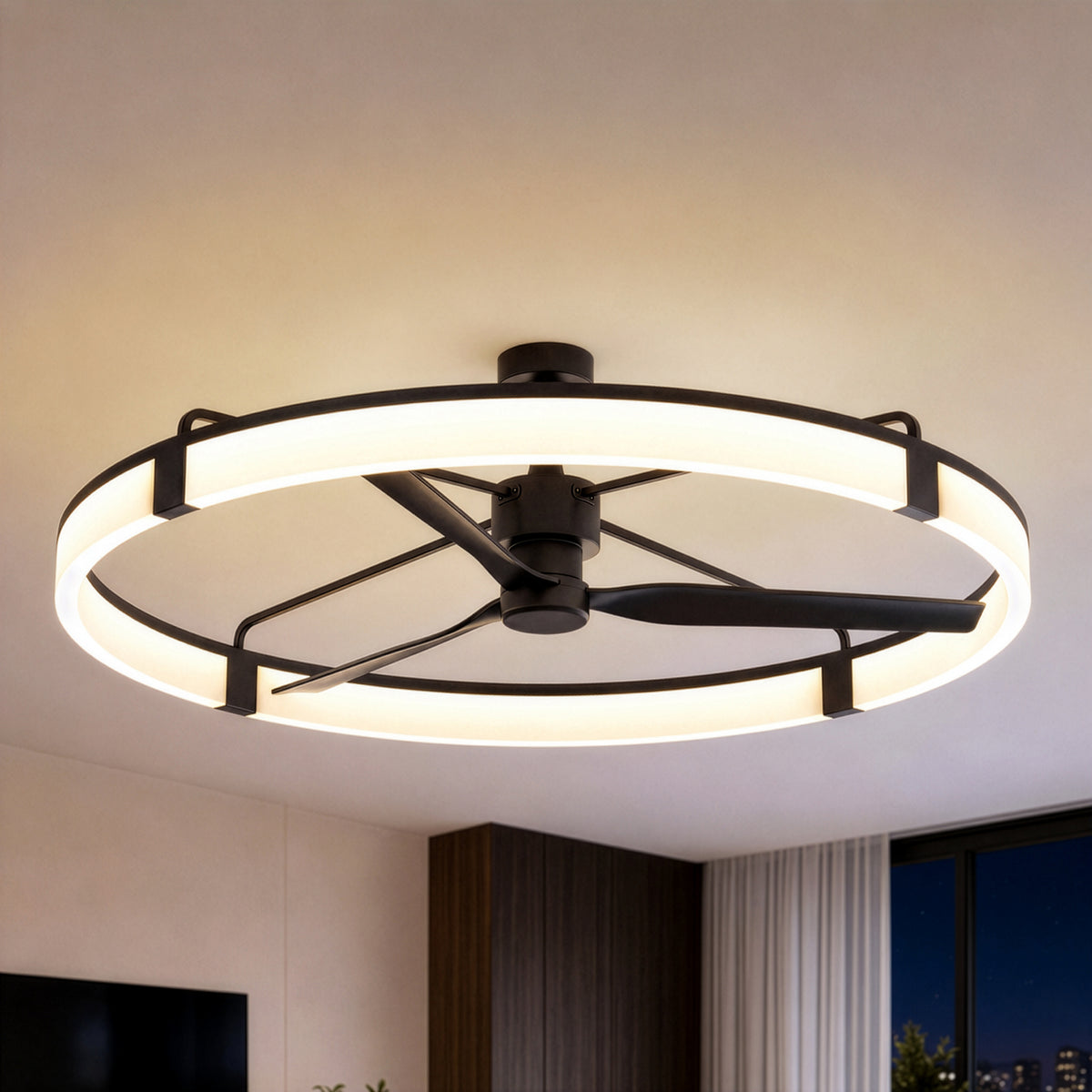Artika Sunnyvale 52 in. LED ceiling fan with black blades and remote, featuring a circular light and modern design for contemporary spaces.