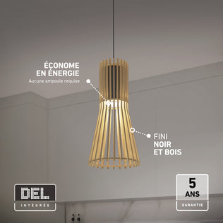 Artika Kiyo modern LED pendant light 3 CCT in slatted wood and black cylindrical finish with integrated LED, energy efficiency, and 5-year warranty.