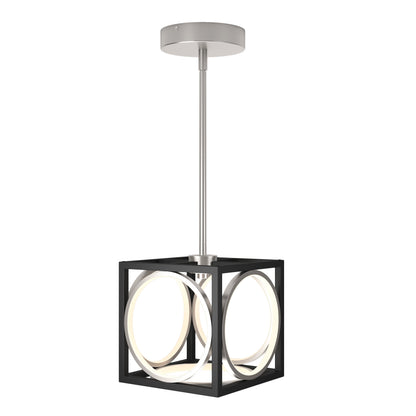 The Artika Astoria LED modern pendant light features a black open cube frame, circular LED lights inside, and a sleek brushed metal ceiling mount and rod.