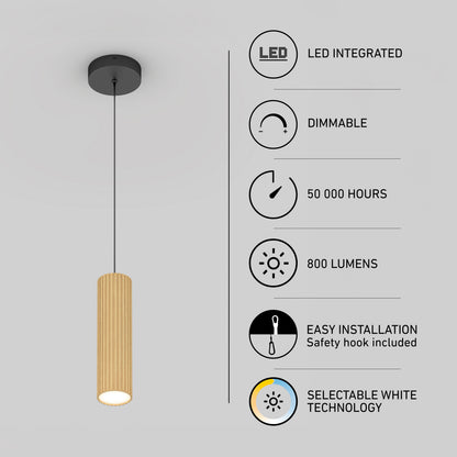 Artika Groove LED modern pendant light 3 CCT with a cylindrical shade, cord, and ceiling mount, featuring 3 CCT settings, dimmability, and 800 lumens.