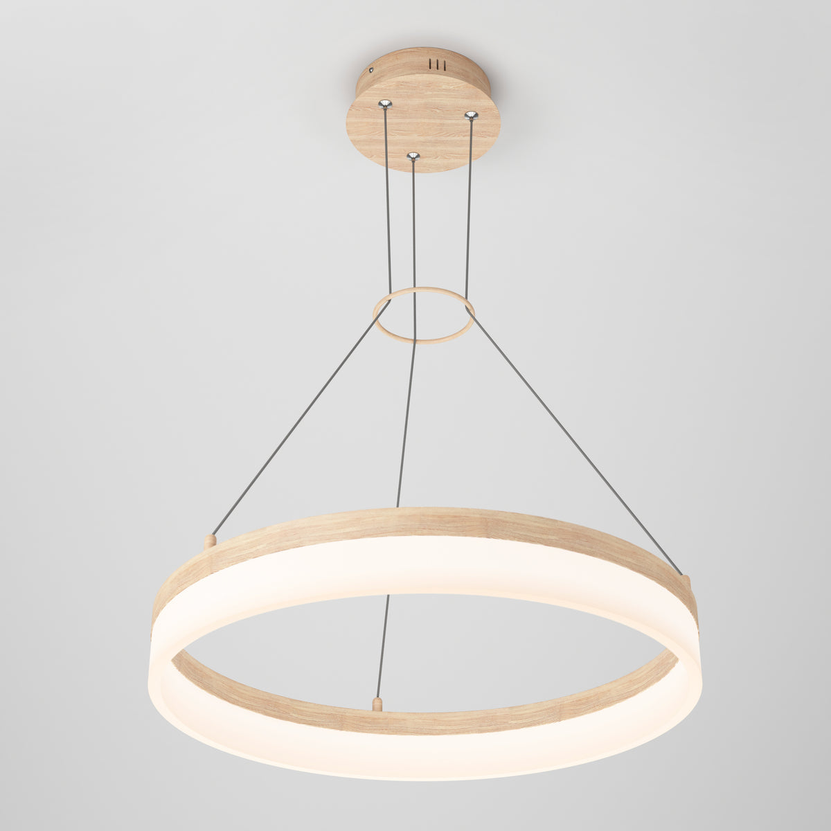 A modern circular pendant light with a wooden finish hangs from the ceiling by four thin cables, creating a floating ring effect against a plain light gray background.