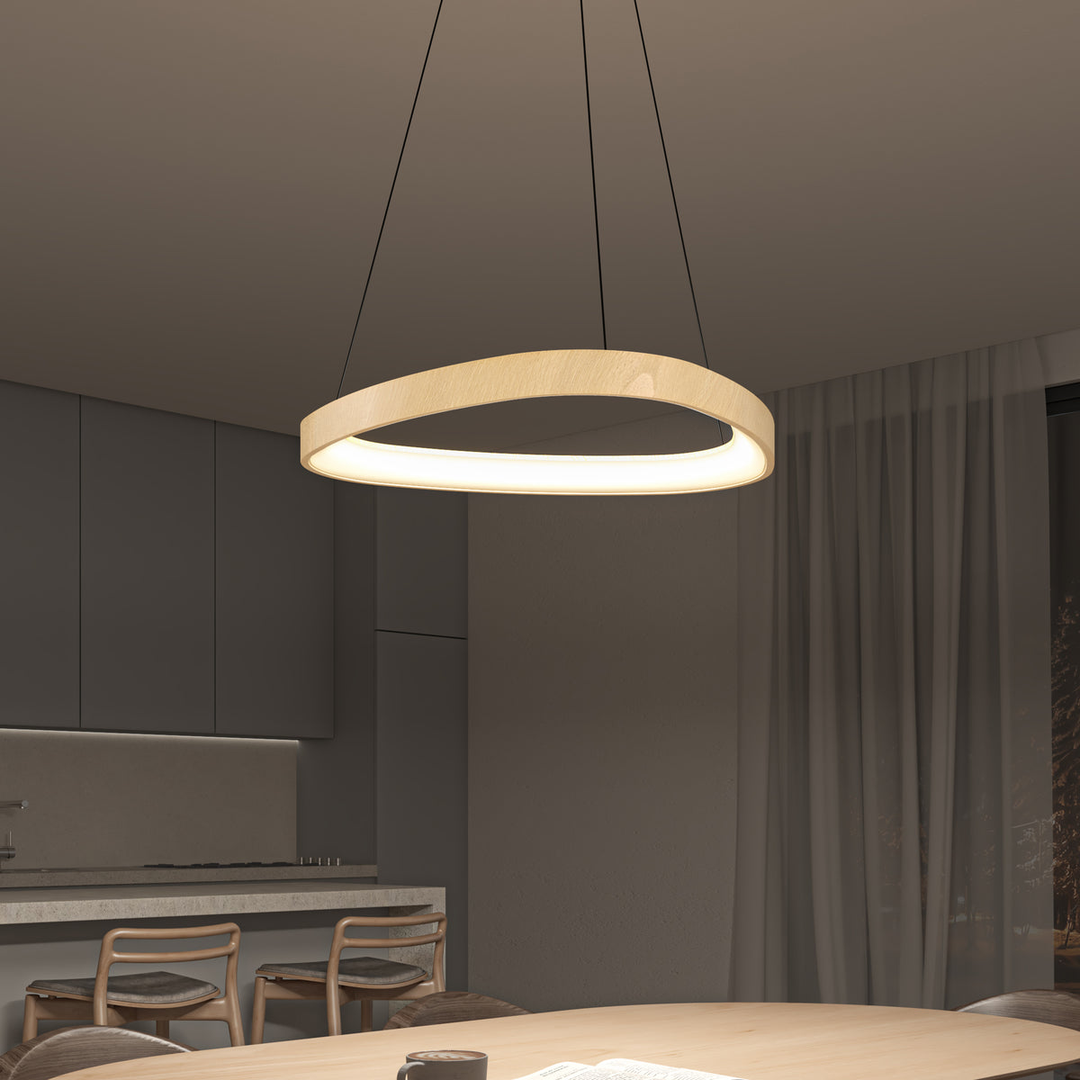 A modern dining room features the Artika Bjorn modern LED pendant light 5 CCT above a wooden table. Four chairs, a minimalist kitchen, and sheer curtains over a window complete the scene.