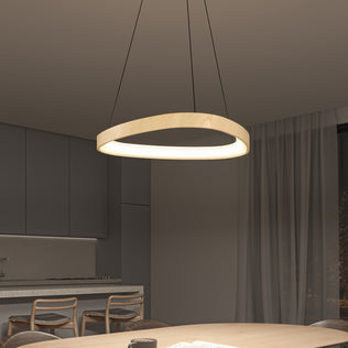 A modern dining room features the Artika Bjorn modern LED pendant light 5 CCT above a wooden table. Four chairs, a minimalist kitchen, and sheer curtains over a window complete the scene.