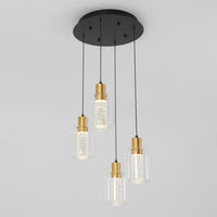 The Artika Champagne Globe 4-light LED pendant features four gold and clear glass lamps suspended at varying heights from a round black mount for a modern ceiling lighting look.