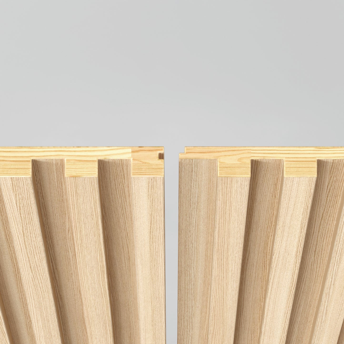 Two Artika Panolok 30.67 ft wall panel kit panels (pack of 8) in light wood with vertical grooves are displayed side by side against a gray background, separated by a narrow gap and featuring interlocking edges for easy assembly.