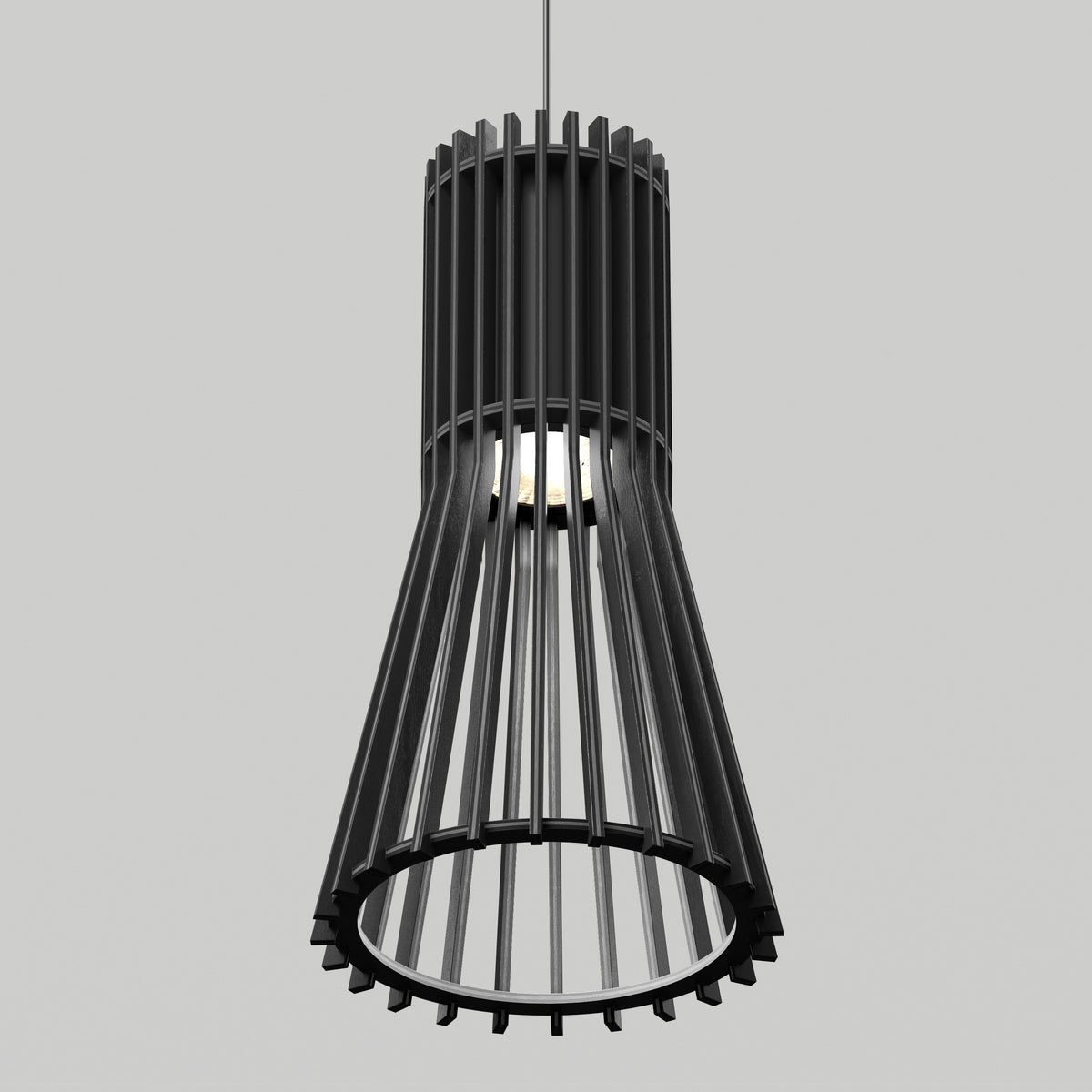 A modern black pendant light with a cylindrical top and flared bottom, featuring an open, slatted design that reveals the light bulb inside, suspended against a plain gray background.