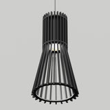 A modern black pendant light with a cylindrical top and flared bottom, featuring an open, slatted design that reveals the light bulb inside, suspended against a plain gray background.